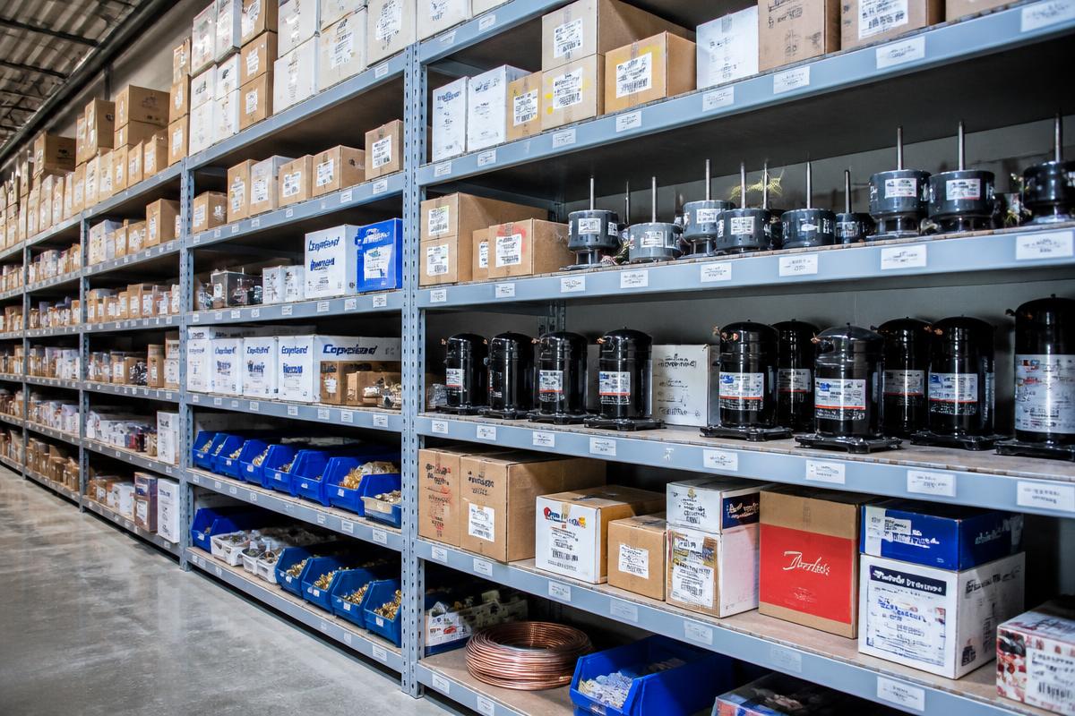 Warehouse shelves stocked with HVAC and refrigeration replacement parts